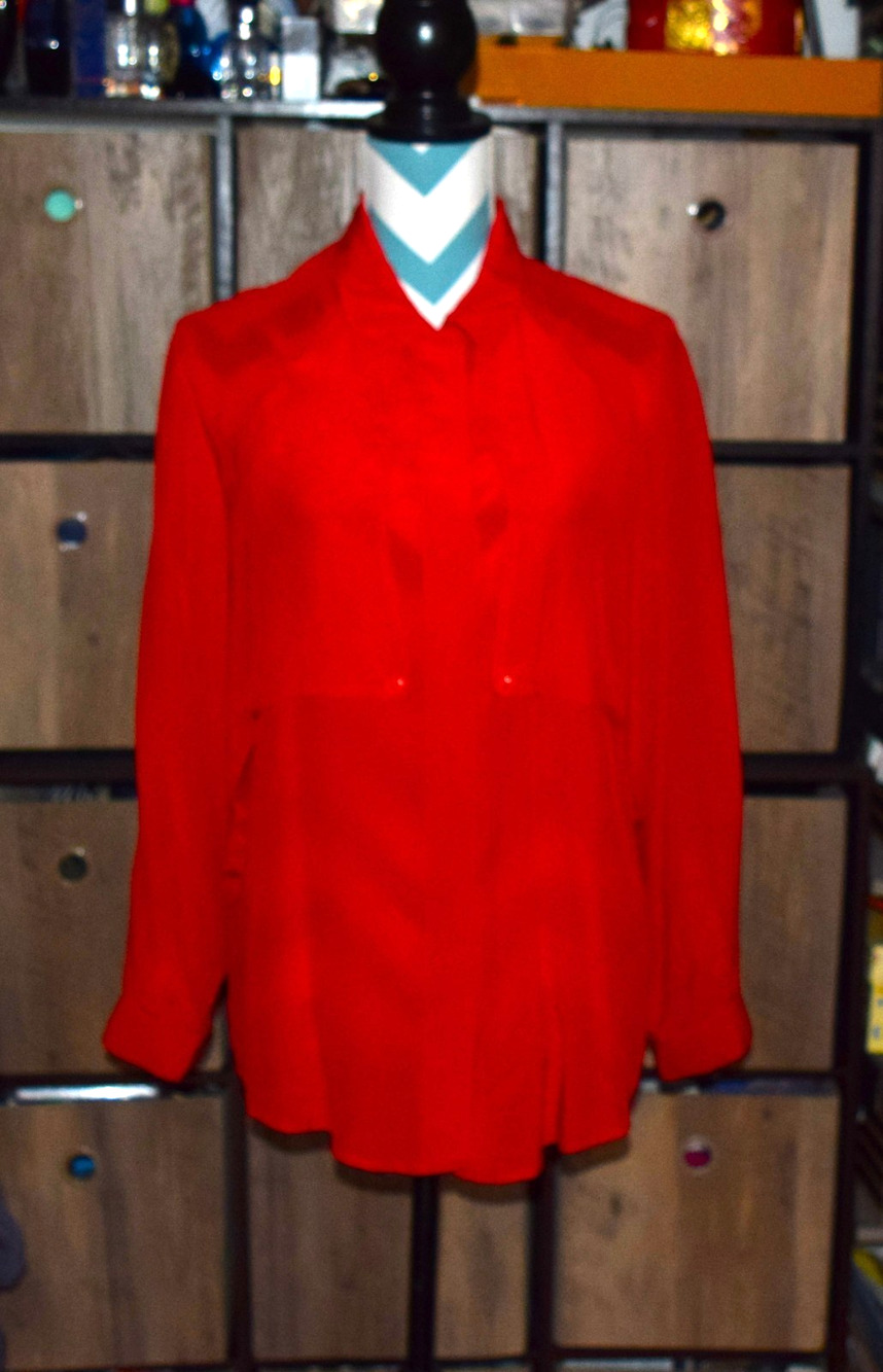 Rafaella Womens Relaxed Blouse Size 8 Button Up Reglan Long Sleeve Red 100%Silk